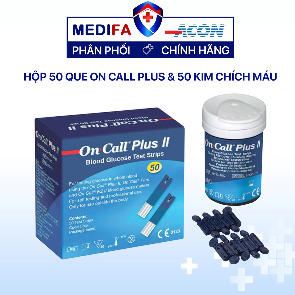 Combo 50 que thử đường huyết Acon On Call plus (25 que/lọ) và 50 kim chích máu