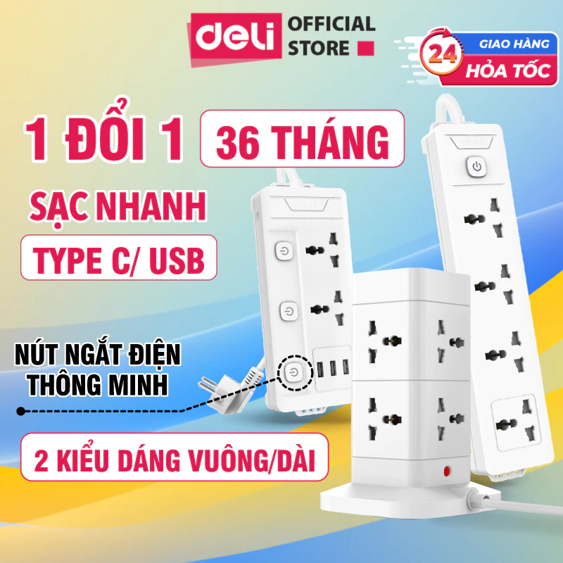 Ổ Cắm Điện Đa Năng DELI - Ổ Điện Tích Hợp Sạc Nhanh PD20W TypeCUSB 2-12 Lỗ Cắm Đầu, Công Suất 2500W