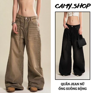 Quần jean nữ Retro ống suông rộng phối dây CAMY, quần jeans SMOKE Wash ống rộng Cạp Cao phong cách  Hàn Quốc 2024