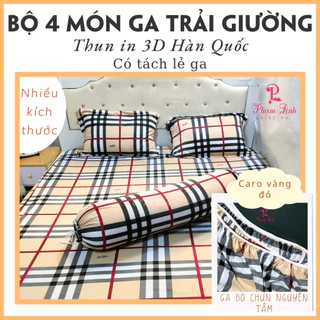 [Nhiều size] Bộ 4 món Ga trải giường vải thun Hàn Quốc in3D sợi Polyester drap bo chun vỏ gối nằm áo gối ôm caro vàng đỏ