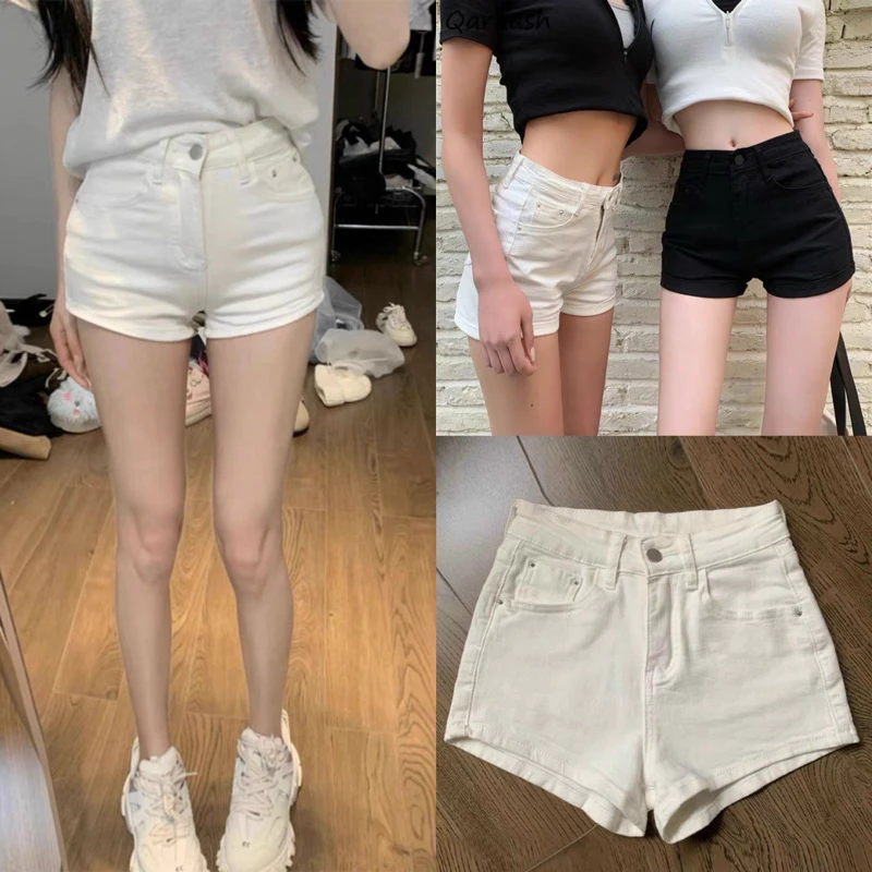 Quần Short nữ Lưng Cao Denim Co Giãn Basic 2 màu Đen Trắng cho Nữ Cao Cấp Phong Cách Thời Trang Hàn Quốc