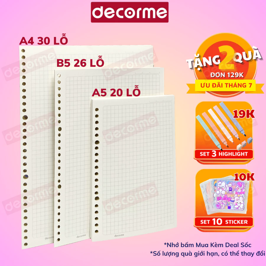 Giấy sổ còng Decorme giấy refill ruột sổ còng A5 B5 A4 20 26 30 lỗ giấy refill caro 6*6mm phù hợp viết chữ tếng Việt