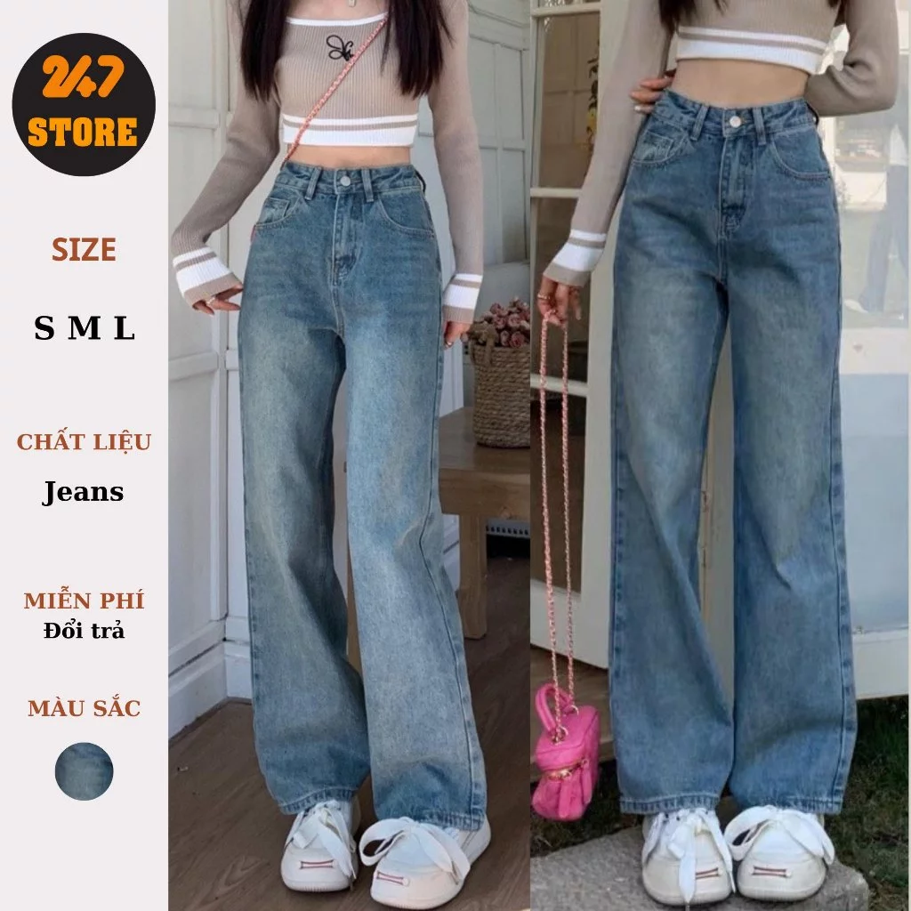 Quần jeans nữ ống rộng màu màu vintage - 247store