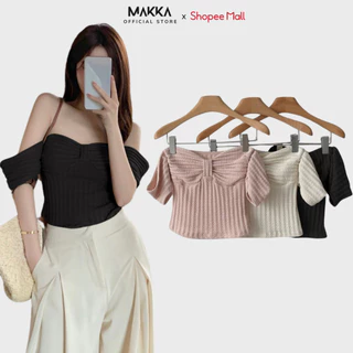 Áo thiết kế nữ MAKKA áo croptop cổ vuông dáng ôm nơ ngực mặc 2 kiểu 3009