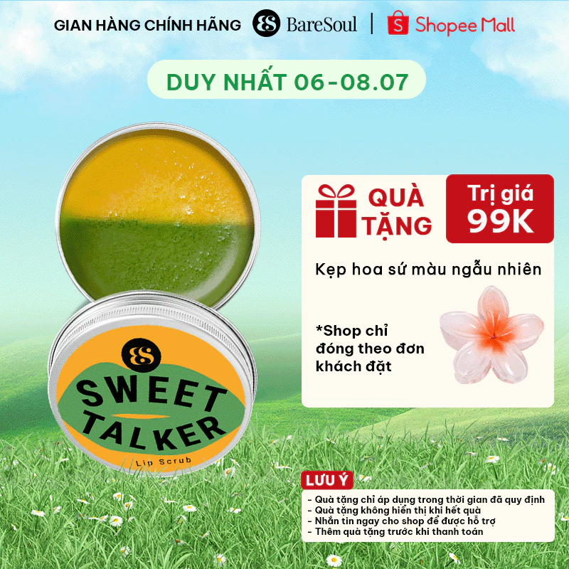 Son tẩy tế bào chết môi thiên nhiên giúp dưỡng môi, giảm thâm môi, chống lão hóa BareSoul Sweet Talker Lip Scrub 20g