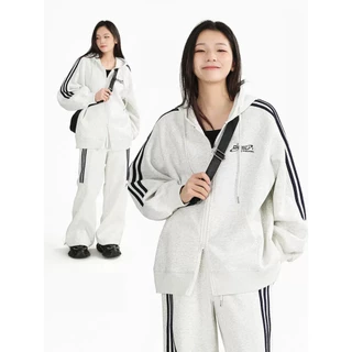 Áo Hoodie nỉ Dessuu phong cách thể thao họa tiết kẻ sọc tay áo dành cho nữ