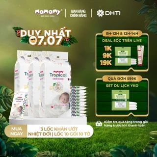 Khăn ướt Mamamy Tropical lốc 10 gói mini 10 tờ bỏ túi cho mẹ và bé, 100% sợi tự nhiên và rayon, tinh chất thiên nhiên