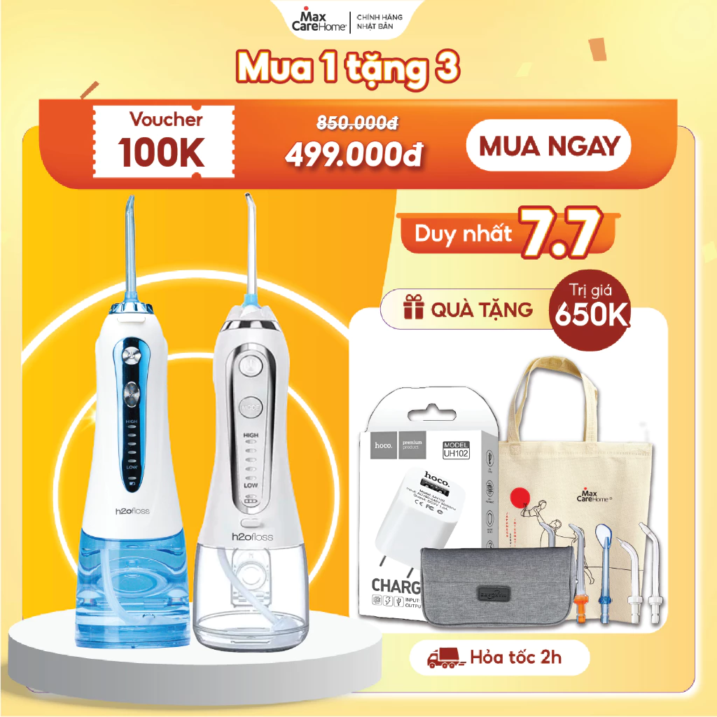 Máy tăm nước cầm tay H2OFloss HF6P, HF9P 300ml Có 5 đầu vòi,Tia nước mạnh, Pin khủng, Đổi mới 12 tháng Chính Hãng