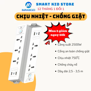 Ổ cắm điện thông minh chữ nhật Manigo 1K4UC 3 ổ 2 cổng USB typeC dây Cắm dài Hàng chính hãng có BH