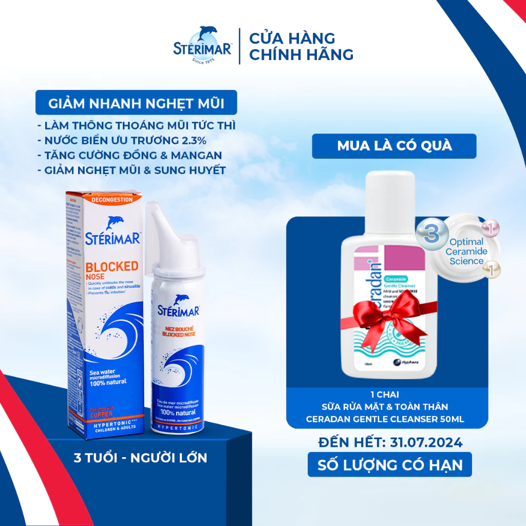 Xịt mũi Cá Heo Pháp Giảm Nghẹt Mũi Sterimar Blocked Nose Cải Thiện Chức Năng Hô Hấp - 50ml