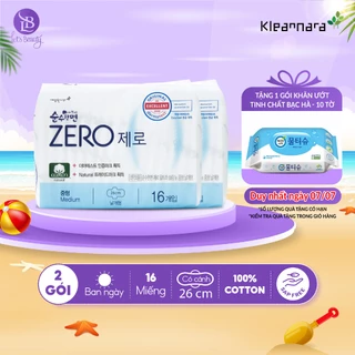 Combo 2 gói băng vệ sinh Kleannara Zero Hàn Quốc siêu êm thoáng ban ngày size M 26cm - 16 miếng/gói có cánh