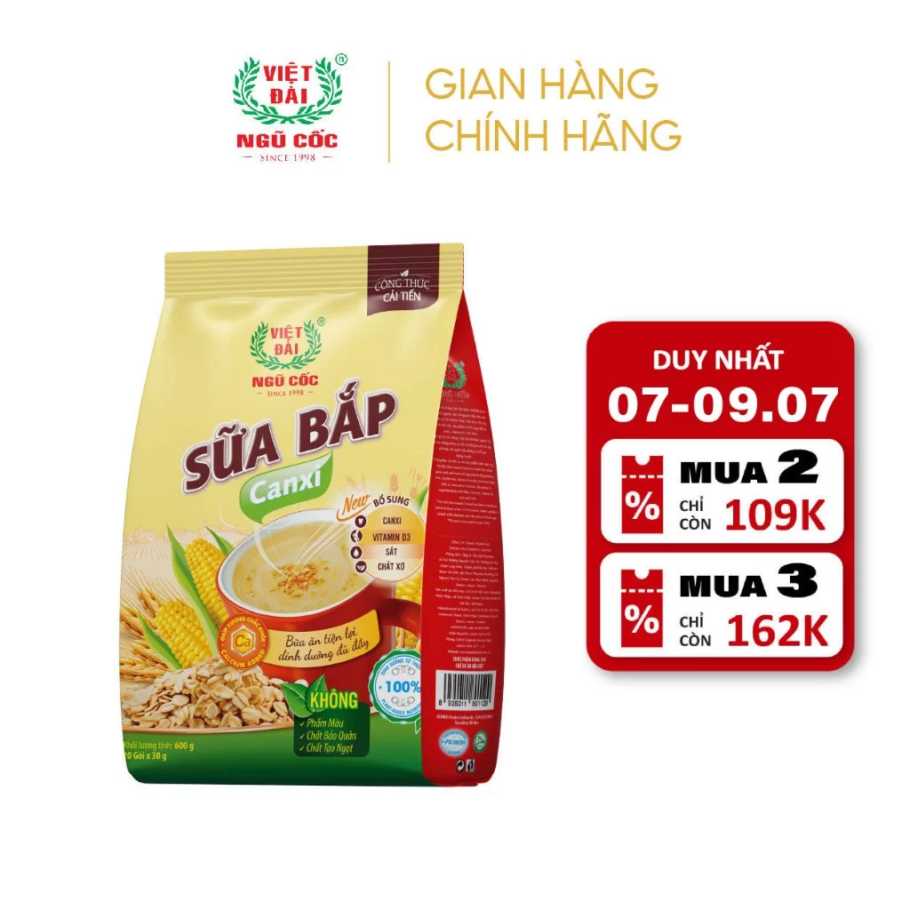 Bột Ngũ Cốc Sữa Bắp Canxi VIỆT ĐÀI Bổ Sung Canxi Giúp Xương Chắc Khỏe Túi 600g