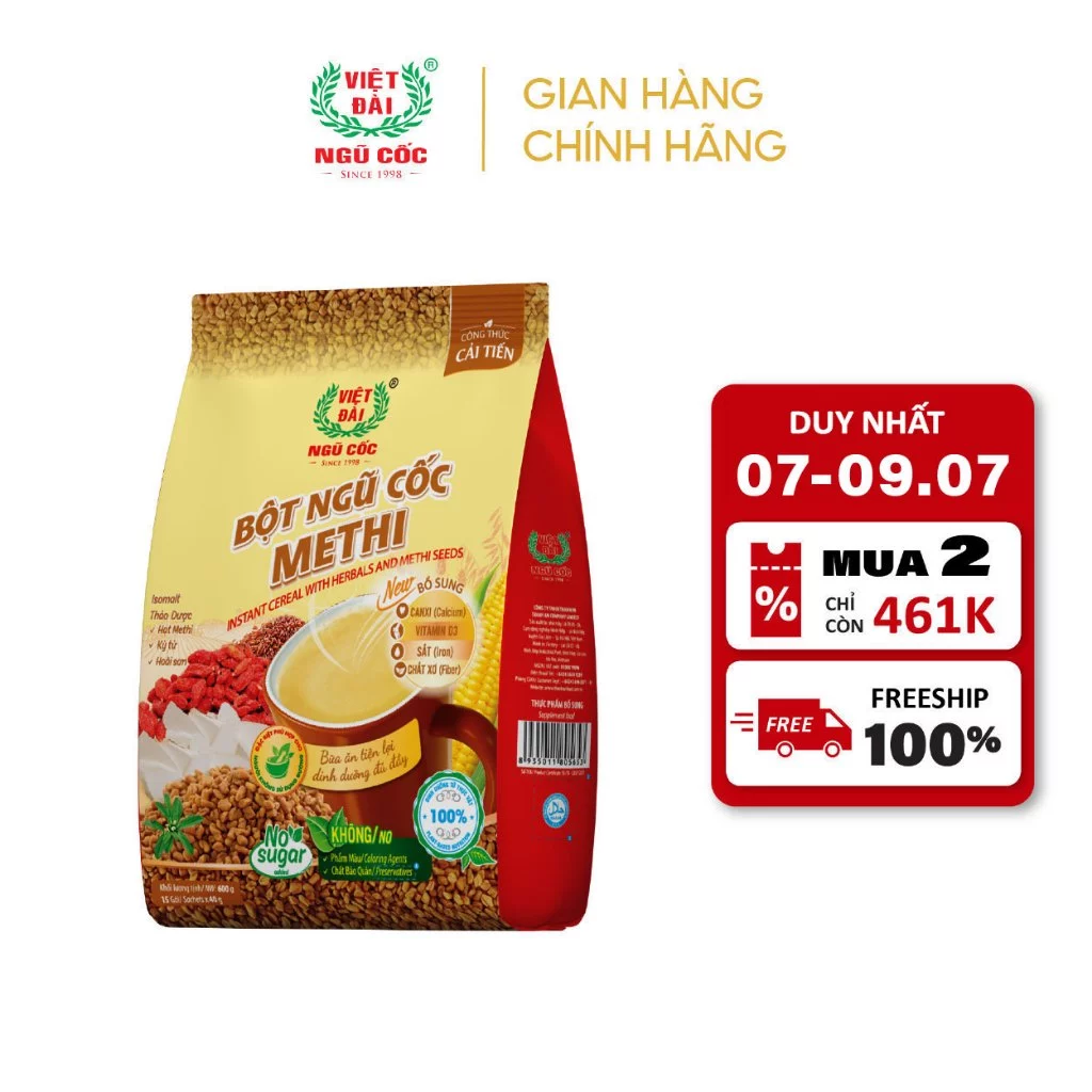 Combo 3 Bột Ngũ Cốc Methi VIỆT ĐÀI Không Đường Thích Hợp Dành Cho Người Giảm Cân Eat Clean Túi 600g