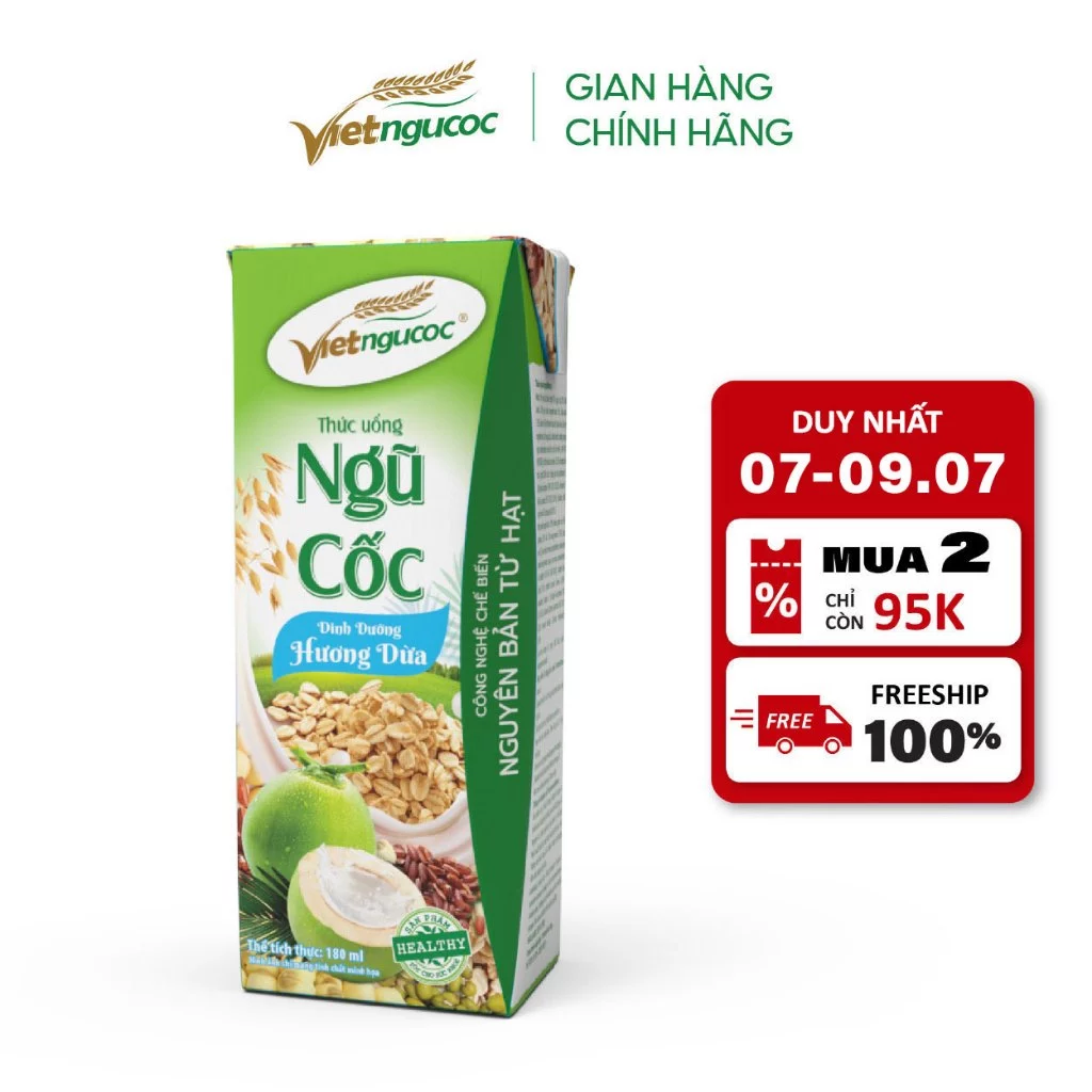 Combo 2 Lốc Sữa Ngũ Cốc Dinh Dưỡng VIỆT NGŨ CỐC Hương Dừa Thơm Béo Uống Liền 180ml/Hộp