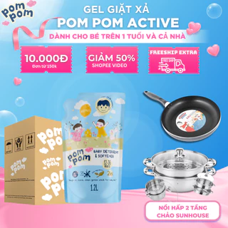 Nước Giặt Xả 2in1 Pom Pom Active Làm Sạch Vết Bẩn, Làm Mềm Sợi Vải, Làm Mới và Giữ Bền Màu Quần Áo [Thùng 4 túi 1.2L]