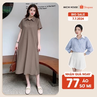 Váy Thun Xuông Cổ Polo MICHI House Đầm Suông Công Sở Dáng Dài Qua Gối Freesize Co Dãn Che Bầu Khuyết Điểm Tốt V436