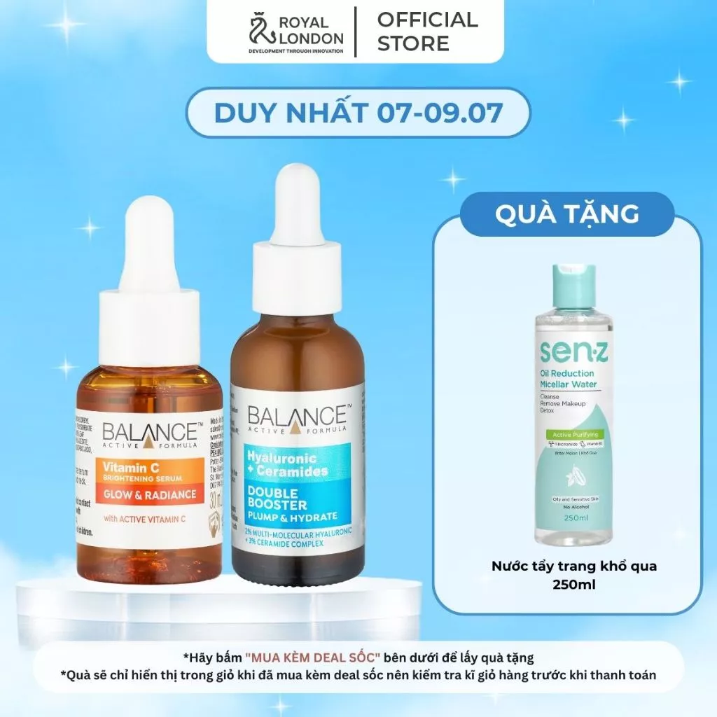 Combo serum sáng da, dưỡng ẩm Balance Vitamin C Brightening 30ml và Hyaluronic Acid + 3% Ceramides 30ml