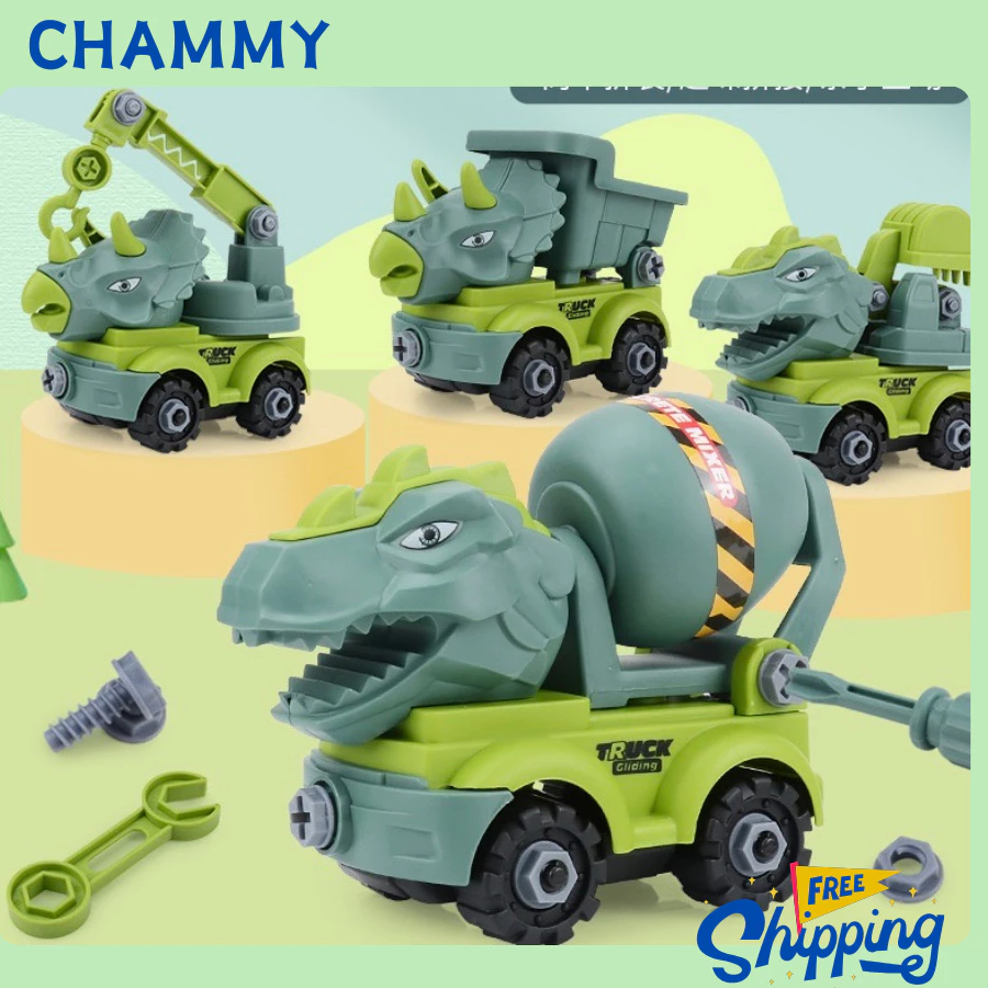 Bộ 4 ô tô khủng long cao cấp CHAMMY xe ô tô đồ chơi cho bé trai cần cẩu, xúc, ben, bồn, trộn bê tông, xe lu công trình