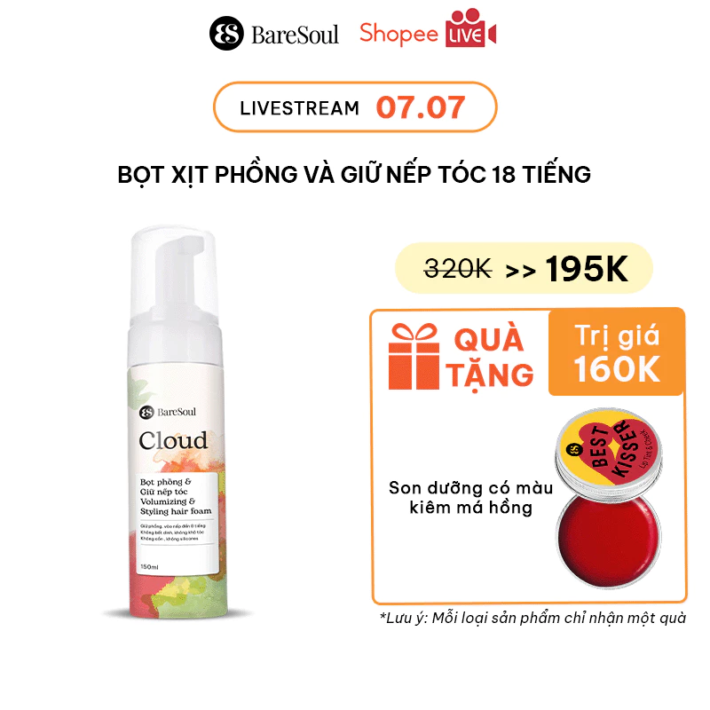 [ Hương Giang x BareSoul ]Bọt xịt phồng và giữ nếp tóc 18 tiếng BareSoul Cloud Styling Hair Foam 150ml