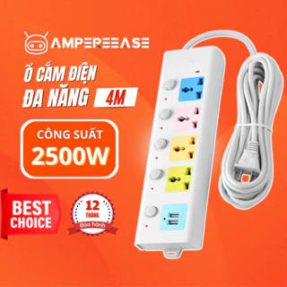 Ổ Cắm Điện AMPEREEASE USB Đa Năng Cao Cấp Chống Giật Dây Dài 4m, 2 Cổng Cắm USB Có Chốt An Toàn Tiện Dụng