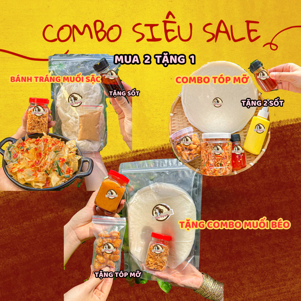 Combo SIÊU SALE bánh tráng muối béo, bánh tráng muối sặc và combo tóp mỡ mini. Bánh Tráng Vân Nguyễn