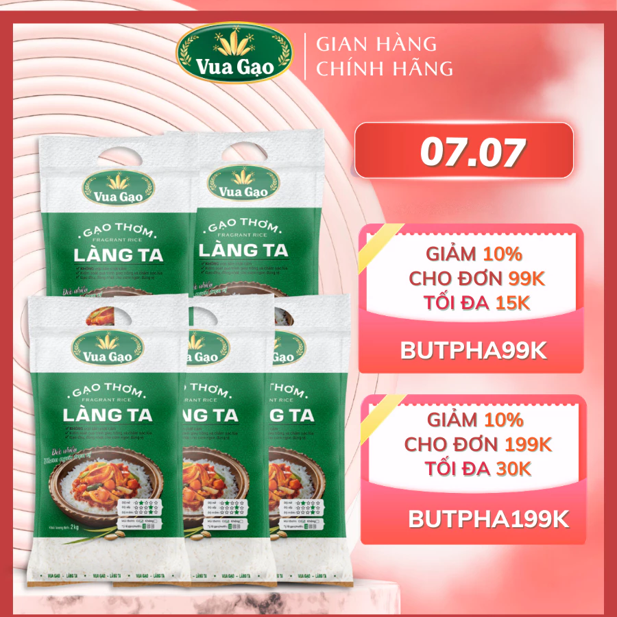 Combo 5 Túi Gạo Thơm Làng Ta - Thương Hiệu Vua Gạo - Mỗi Túi 2kg (Cam kết date mới)