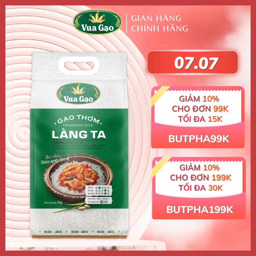 Gạo Thơm Làng Ta - Chính Hãng Vua Gạo - Túi 5kg (Cam kết date mới)