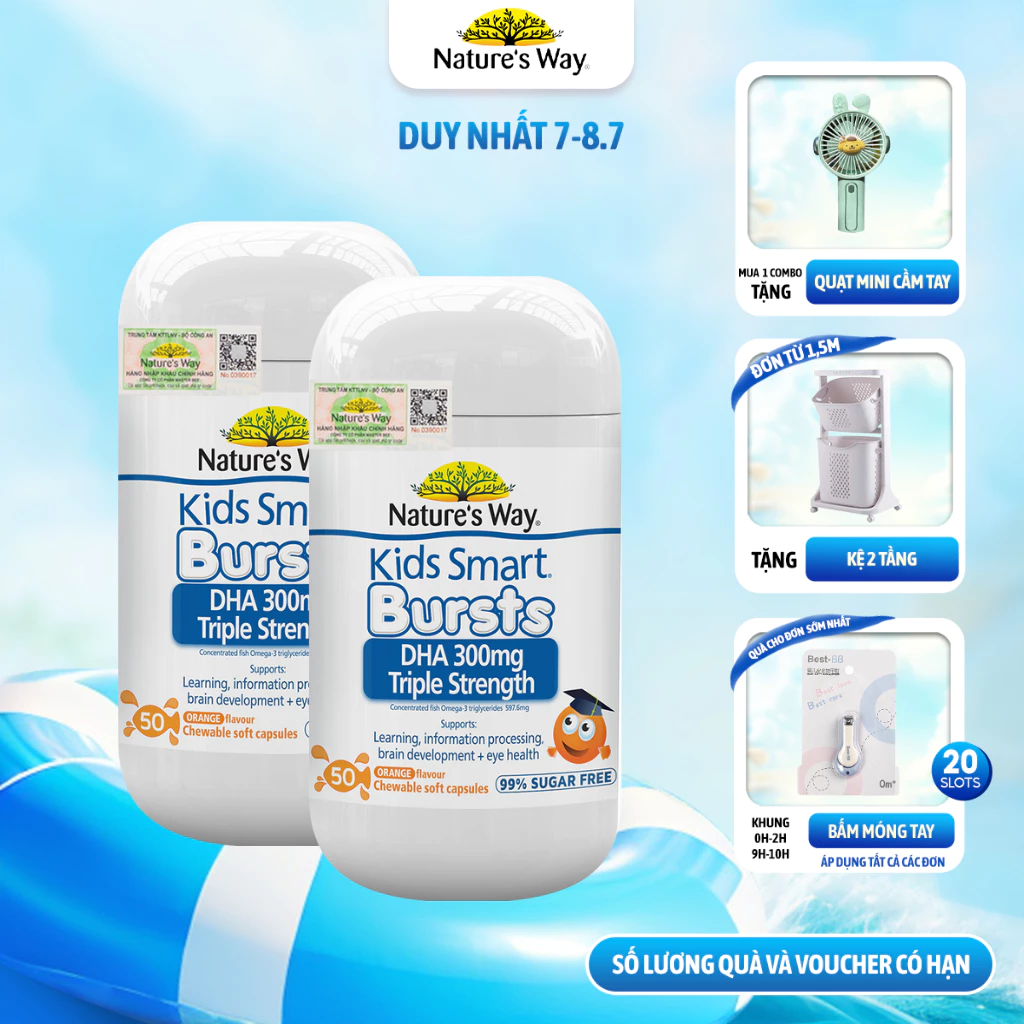 Combo 2 Hộp Viên Nhai Kids Smart DHA 300mg Triple Strength NATURE'S WAY Phát Triển Não Bộ Và Mắt Khỏe Mạnh 50 Viên/hộp