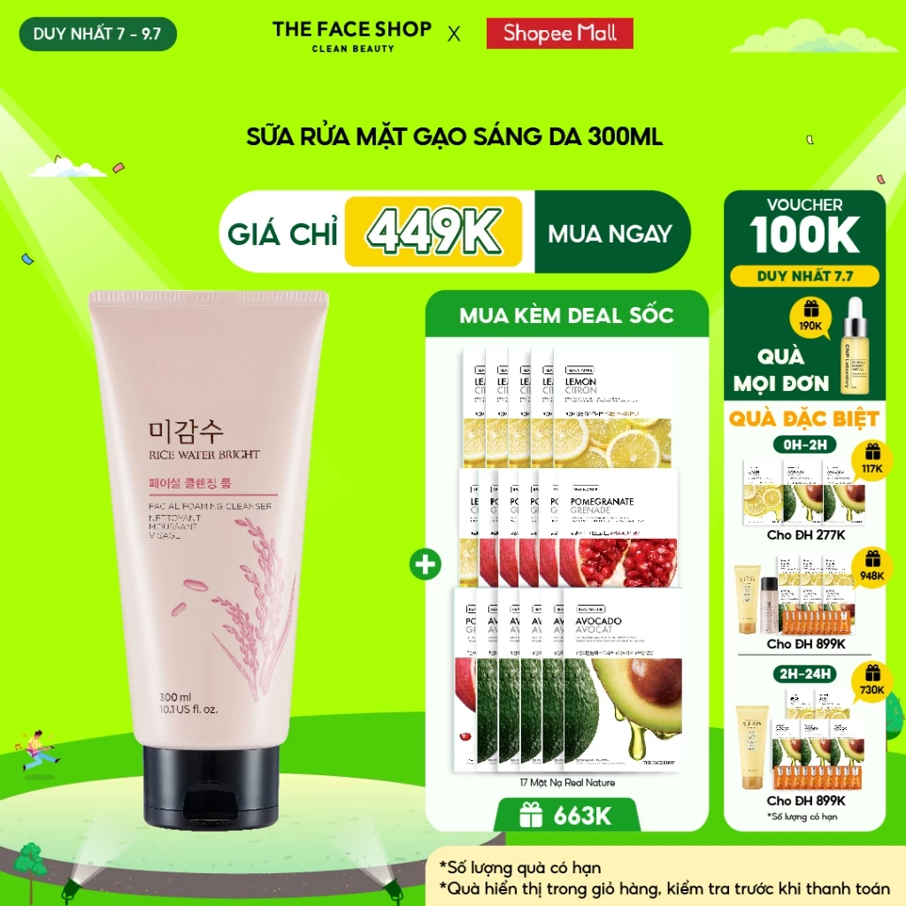 [GIẢM 7% ĐƠN 399K][DUY NHẤT 8.7]Sữa Rửa Mặt Làm Sạch Da THEFACESHOP Rice Water Bright Cleansing Foam 300Ml