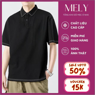 Áo Polo Basic Unisex Chất Liệu Cotton Thoáng Mát , Áo Polo Form Rộng Phối Viền Chỉ Nổi Thời Trang Phong Cách Hàn Quốc