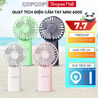 Quạt mini cầm tay COPCOP tích điện pin khủng 6000mAh/3000mAh, 3 tốc độ gió linh hoạt, đèn pin sáng