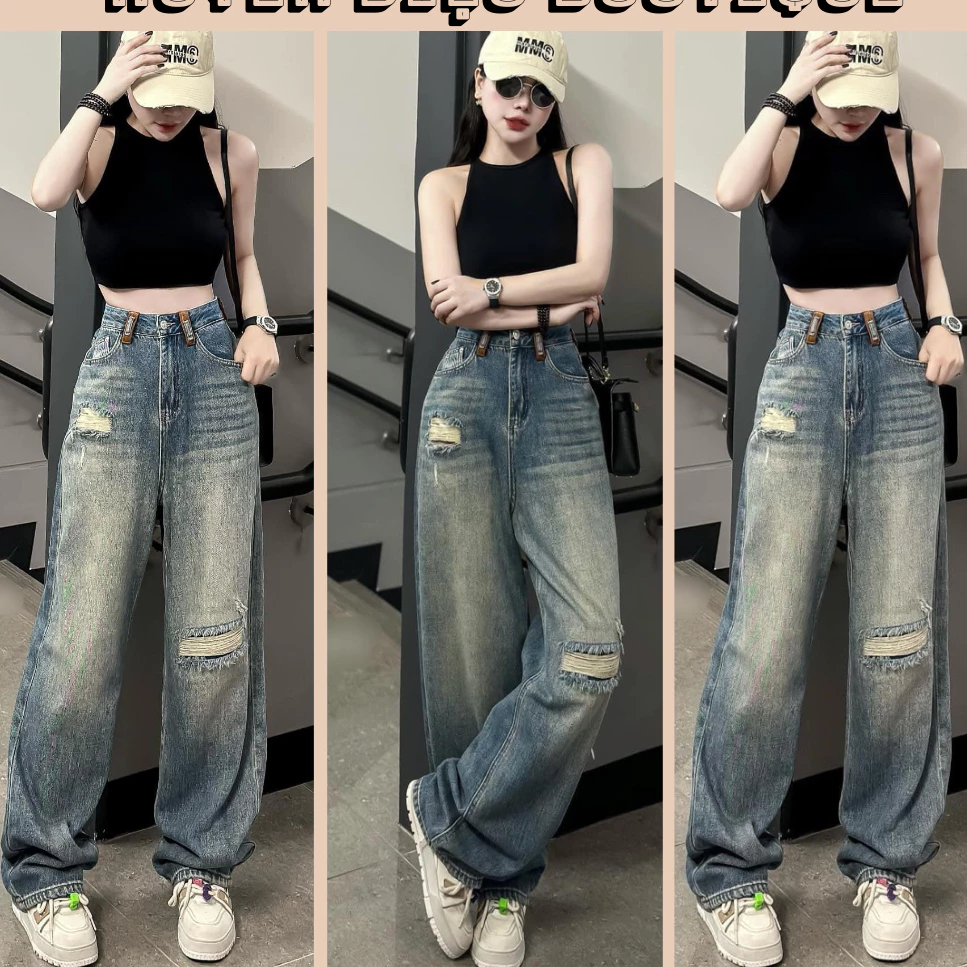 Quần jeans ống rộng nữ Wash bụi màu xanh cá tính , quần bò ống suông phong cách Hàn Quốc siêu hot