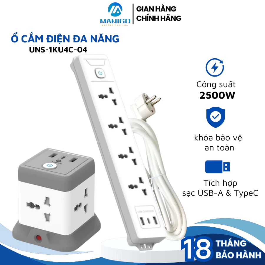 Ổ Cắm Điện Đa Năng Manigo Công Suất 2500W Tích Hợp USB TypeC Ổ Vuông Dẹt 2,5m-3,5m BH 18 Tháng