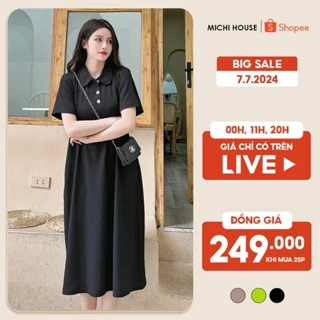 Váy Thun Xuông Cổ Polo MICHI House Đầm Suông Công Sở Dáng Dài Qua Gối Freesize Co Dãn Che Bầu Khuyết Điểm Tốt V436