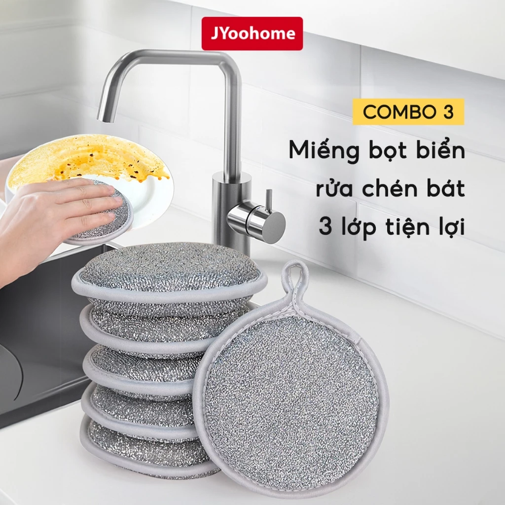 Miếng Bọt Biển Rửa Chén Bát 3 Lớp JYoohome Giẻ Rửa Bát Đĩa Đũa Cọ Xoong Nồi Đa Năng Tạo Bọt Nhà Bếp