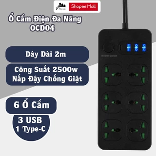 Ổ cắm điện đa năng thông minh, Sipanic 3 cổng USB 1 cổng Type-C sạc nhanh, chịu tải 2500W Dây dài 2M