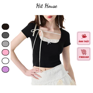 Áo croptop ôm body cổ vuông tay ngắn nhún ngực phối nơ, áo chất thun cotton kiểu dáng mùa hè HITHOUSE | HITSAO072