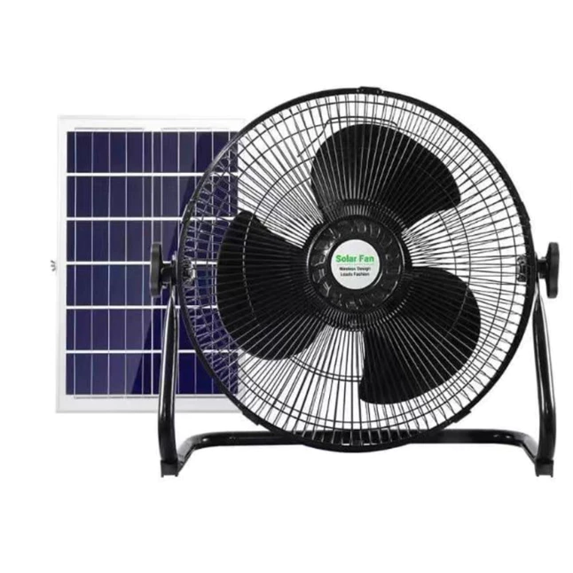 Quạt sàn năng lượng mặt trời, quạt sạc tích điện dạng nằm chân quỳ có 3 cánh kim loại