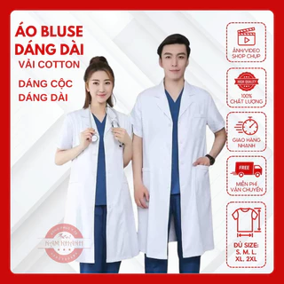 Áo Blouse trắng dáng dài cộc tay áo lab cho bác sĩ, dược sĩ, spa, thẩm mỹ hàng cao cấp