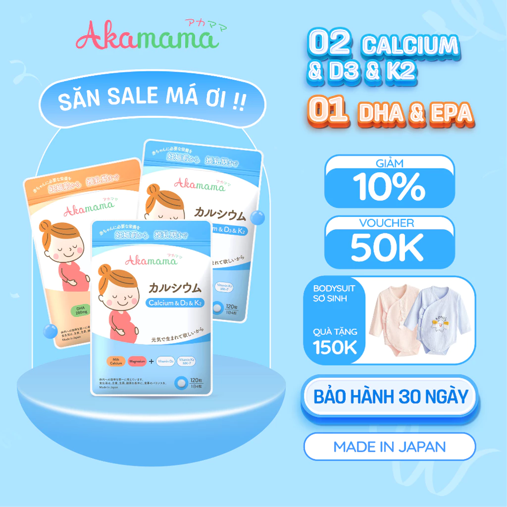 [QUÀ 150K] COMBO 2 CANXI + 1 DHA cho bà bầu Akamama, Nhật Bản