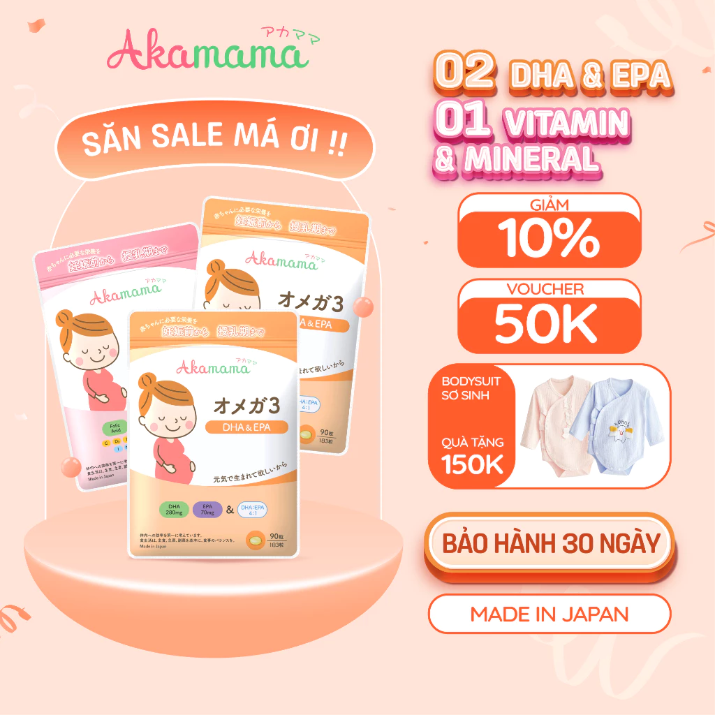 [QUÀ 150K] Combo 2 DHA + 1 Sắt & Vitamin Tổng Hợp cho bà bầu Akamama, Nhật Bản (90 viên/ 1 gói và 120 viên/ 1 gói)