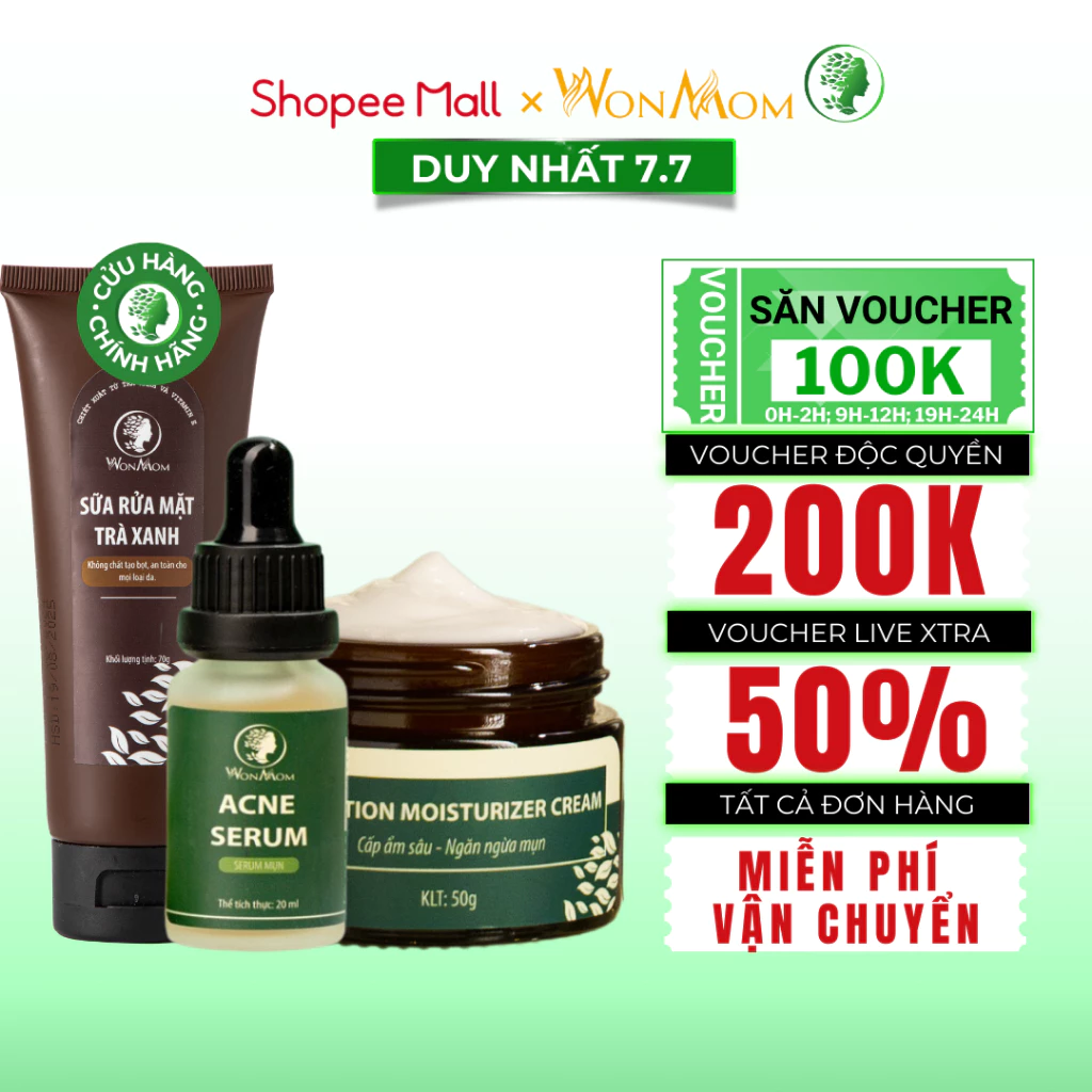 Combo trắng da, hết mụn và nám toàn diện Wonmom ( 1 Sữa rửa mặt + 1 Kem nghệ tươi + 1 Serum mụn)