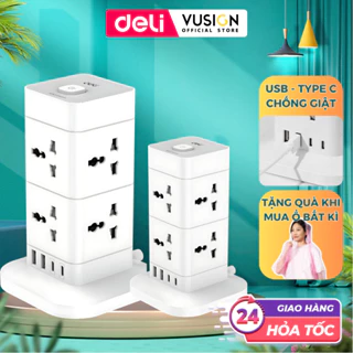 [MUA1TẶNG1] Ổ Cắm Điện Đa Năng DELI Cổng Type C - Sạc Nhanh USB 2-12 Lỗ Cắm 2500W Có Cầu Chì Tự Ngắt