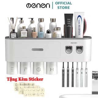 Bộ Nhả Kem Đánh Răng Tự Động OENON - Kệ Treo Bàn Chải Lắp Đặt Dán Tường Gạch Men Kèm Cốc Hút Nam Châm