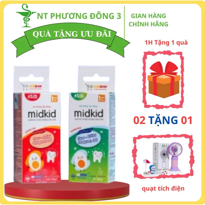 ( tặng quà, quạt tích điện)Xịt sâu răng Midkid cho bé từ 1 tuổi,làm sạch,bảo vệ men răng, mảng bám ố vàng,viêm l