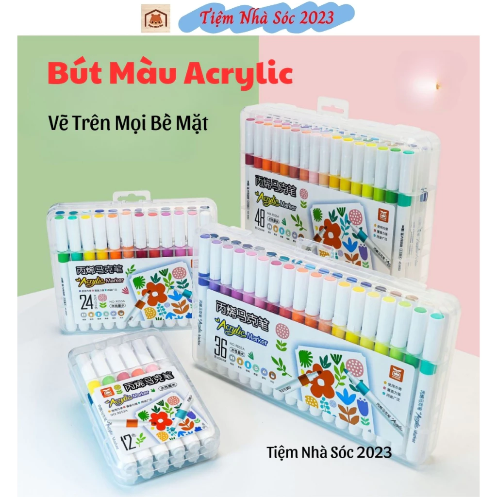 Bộ Màu Acrylic Marker Vẽ Trên Mọi Chất Liệu 12/24/36/48/60 Hàng Chuẩn 9053A Thể Tích Màu Nhiều Hơn