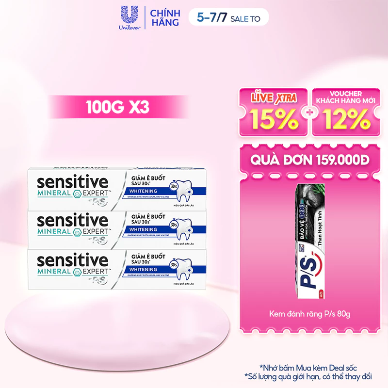 Bộ 3 Hộp Kem đánh răng P/S giảm ê buốt sau 30 giây Sensitive Mineral Expert Whitening với tác động từ khoáng 100g