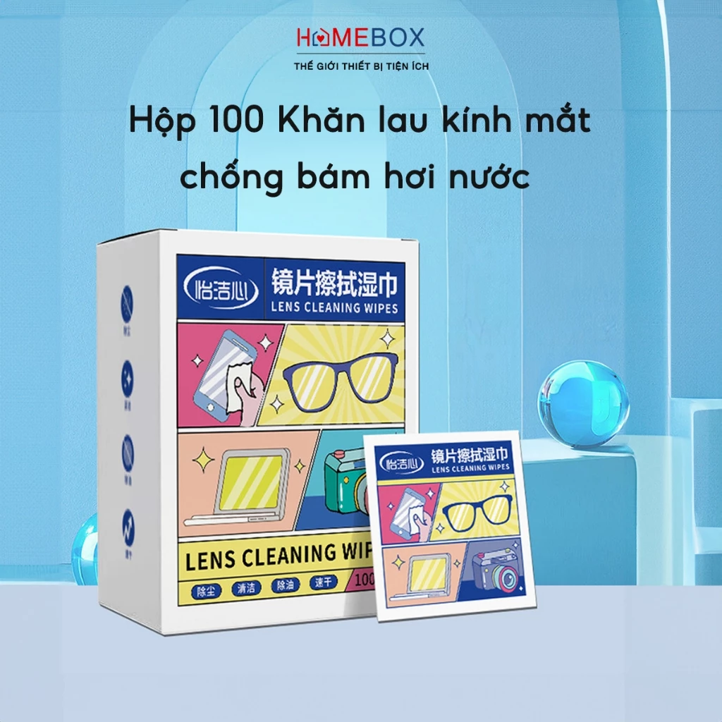 Hộp 100 Khăn lau kính mắt kính cận, Giấy lau kính nano chống sương mờ vân tay, bụi bẩn tiện lợi