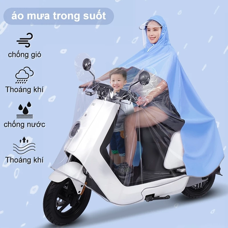 Áo Mưa Trong Suốt Phía Trước Kèm Kính Chắn Mưa Bảo Vệ Toàn Thân, Áo Mưa Dài Nhiều Màu PVC Chống Thấm