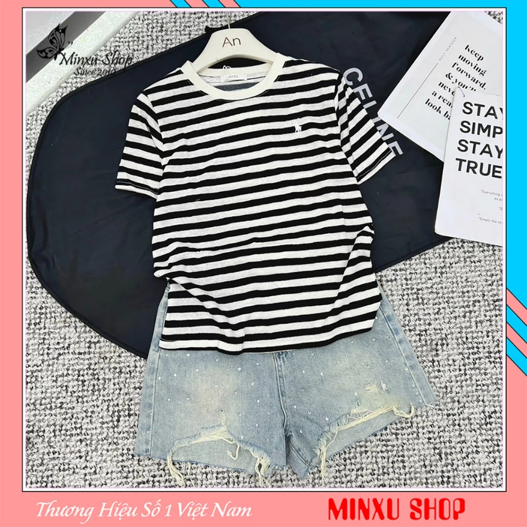 Áo Phông Giấy Kẻ Sọc Thêu Ngựa Mác GIGI Hàng QC Minxu Shop PZ35